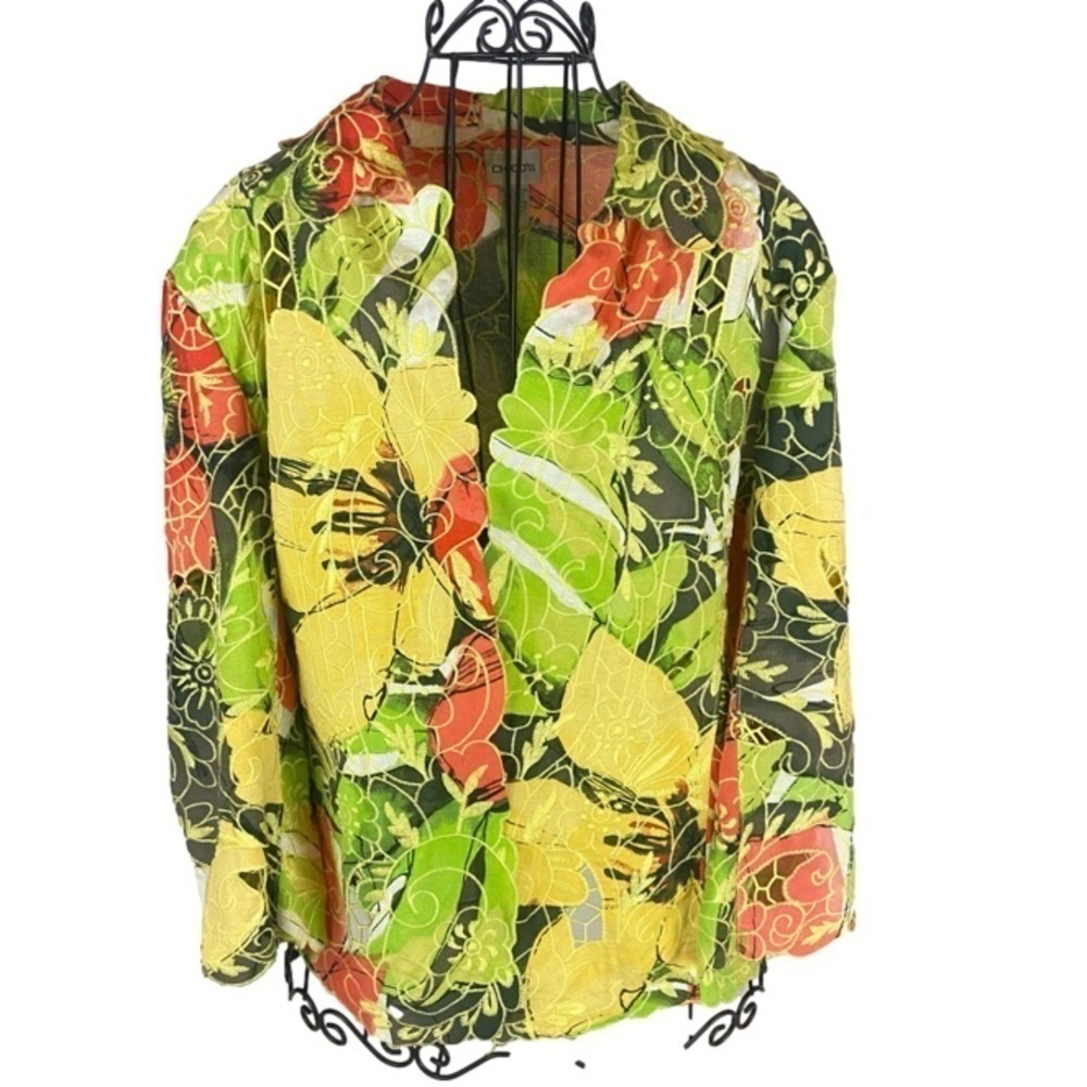 Chico’s Floral Embroidered Open Front Jacket with Cutouts Women’s Size XL